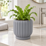 Ceramic-Style Ribbed Planter & Tray in Rock Ash Grey