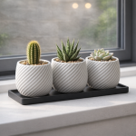 Spiral Planter Trio with Black Tray in Matte White