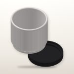 White Mid-Century Ribbed Planter with black drip tray: detail