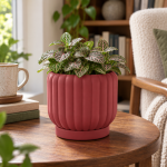 Ceramic-Style Ribbed Planter & Tray in Deep Red
