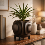 Rounded Ribbed Planter with Legs in Brown