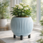 Rounded Ribbed Planter with Legs in Blue
