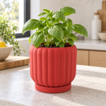 Ceramic-Style Ribbed Planter & Tray in Lava Red