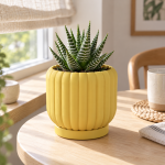 Ceramic-Style Ribbed Planter & Tray in Dawn Yellow