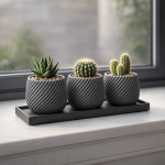 Spiral Planter Trio with Black Tray in Grey