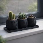 Spiral Planter Trio with Black Tray in Matte Black