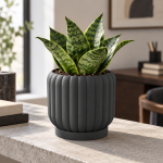 Ceramic-Style Ribbed Planter & Tray in Matte Black