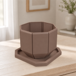 Octagonal Planter & Tray in Matte Brown