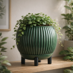 Rounded Ribbed Planter with Legs in Green