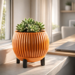 Rounded Ribbed Planter with Legs in Orange