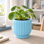 Ceramic-Style Ribbed Planter & Tray in Light Blue