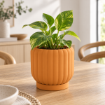 Ceramic-Style Ribbed Planter & Tray in Sunset Orange
