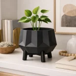 Geometric Gem Planter & Stand in Matte Black