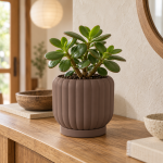 Ceramic-Style Ribbed Planter & Tray in Matte Brown